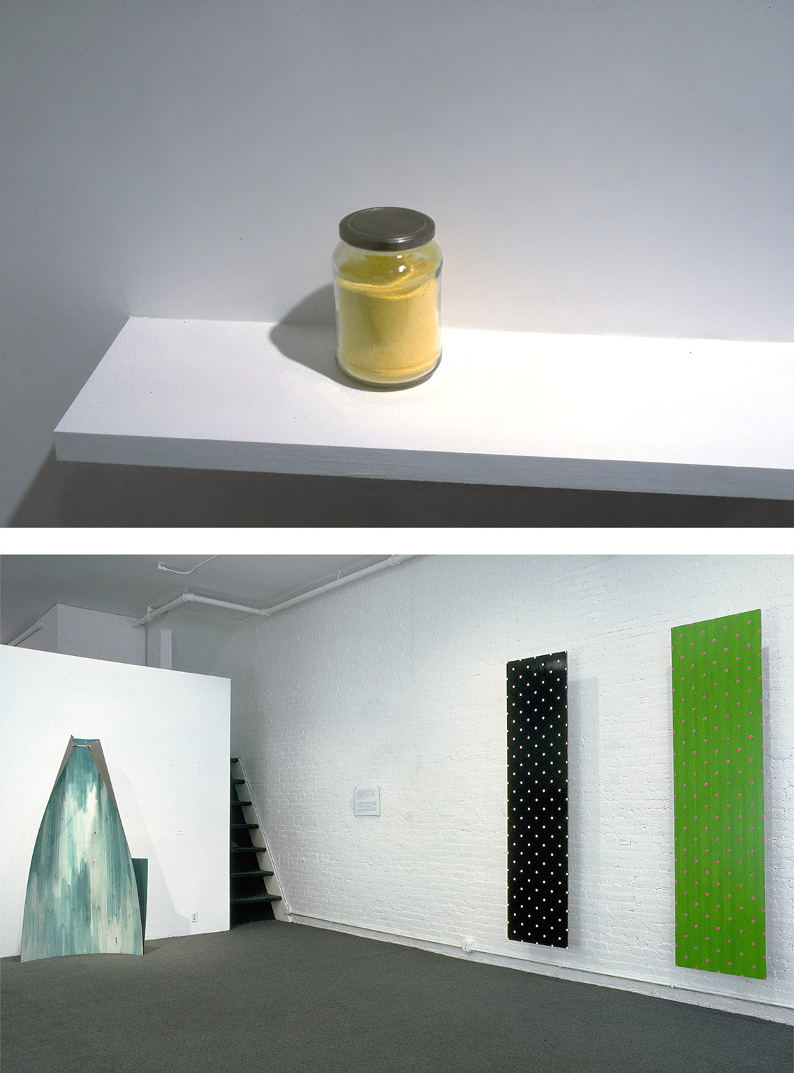installation views of pooen jar, sculpture, and paintings